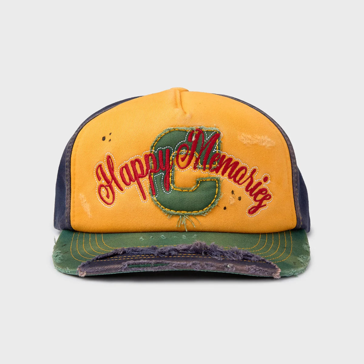 HMDD Yellow Sandlot Hat, yellow and navy trucker hat with a green chenille C patch, red Happy Memories script and frayed green brim