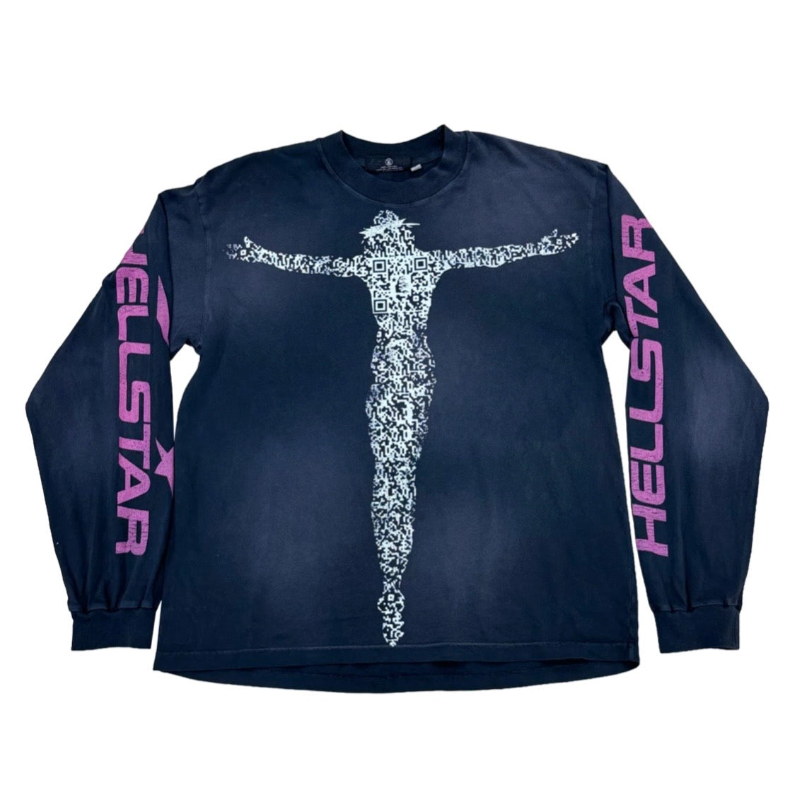 Hellstar Black QR Christ Long Sleeve front with a pixel-block figure and pink sleeve lettering
