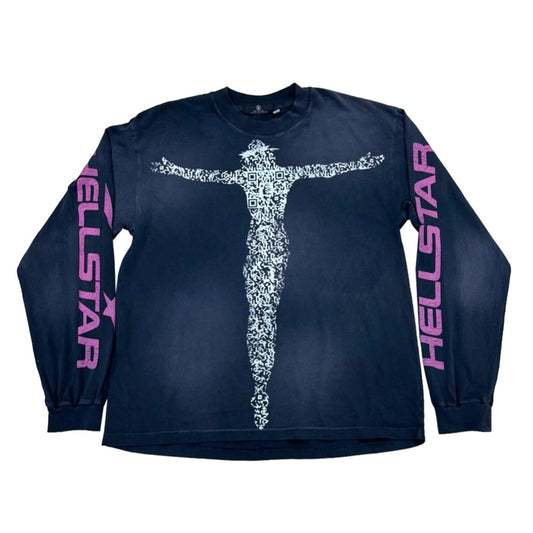 Hellstar Black QR Christ Long Sleeve front with a pixel-block figure and pink sleeve lettering