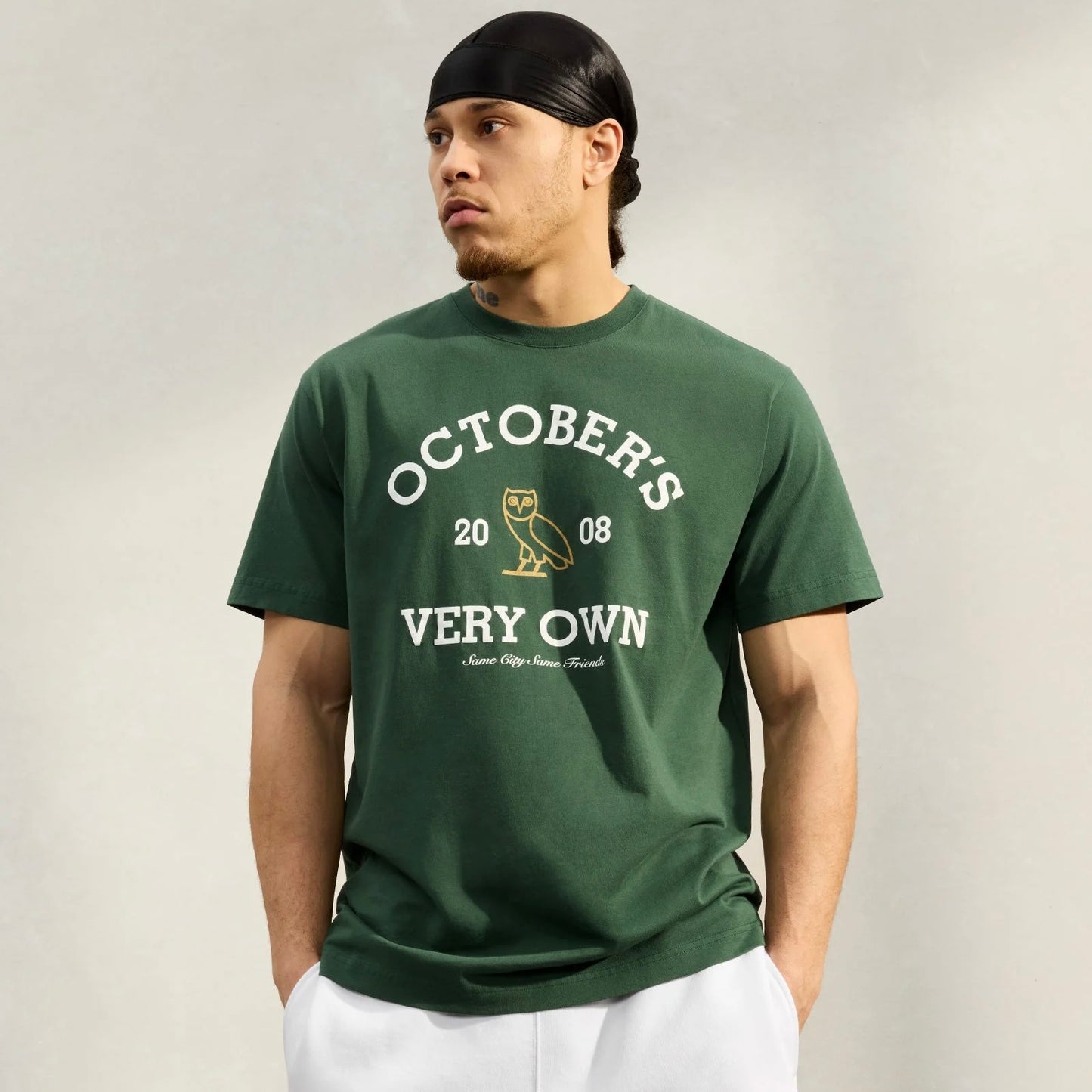 OVO Forrest Green Collegiate T-Shirt On Body