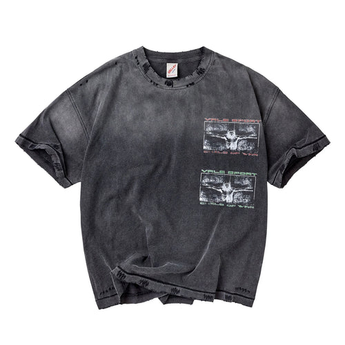 Vale Holy Spirit Tee front - washed charcoal tee with two small stacked crucifixion chest prints