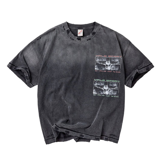 Vale Holy Spirit Tee front - washed charcoal tee with two small stacked crucifixion chest prints