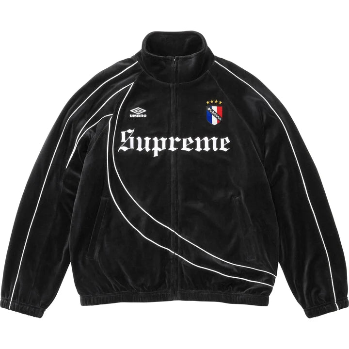 Supreme x Umbro Black Velour Track Jacket front view with white piping and blackletter chest lettering