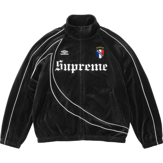 Supreme x Umbro Black Velour Track Jacket front view with white piping and blackletter chest lettering