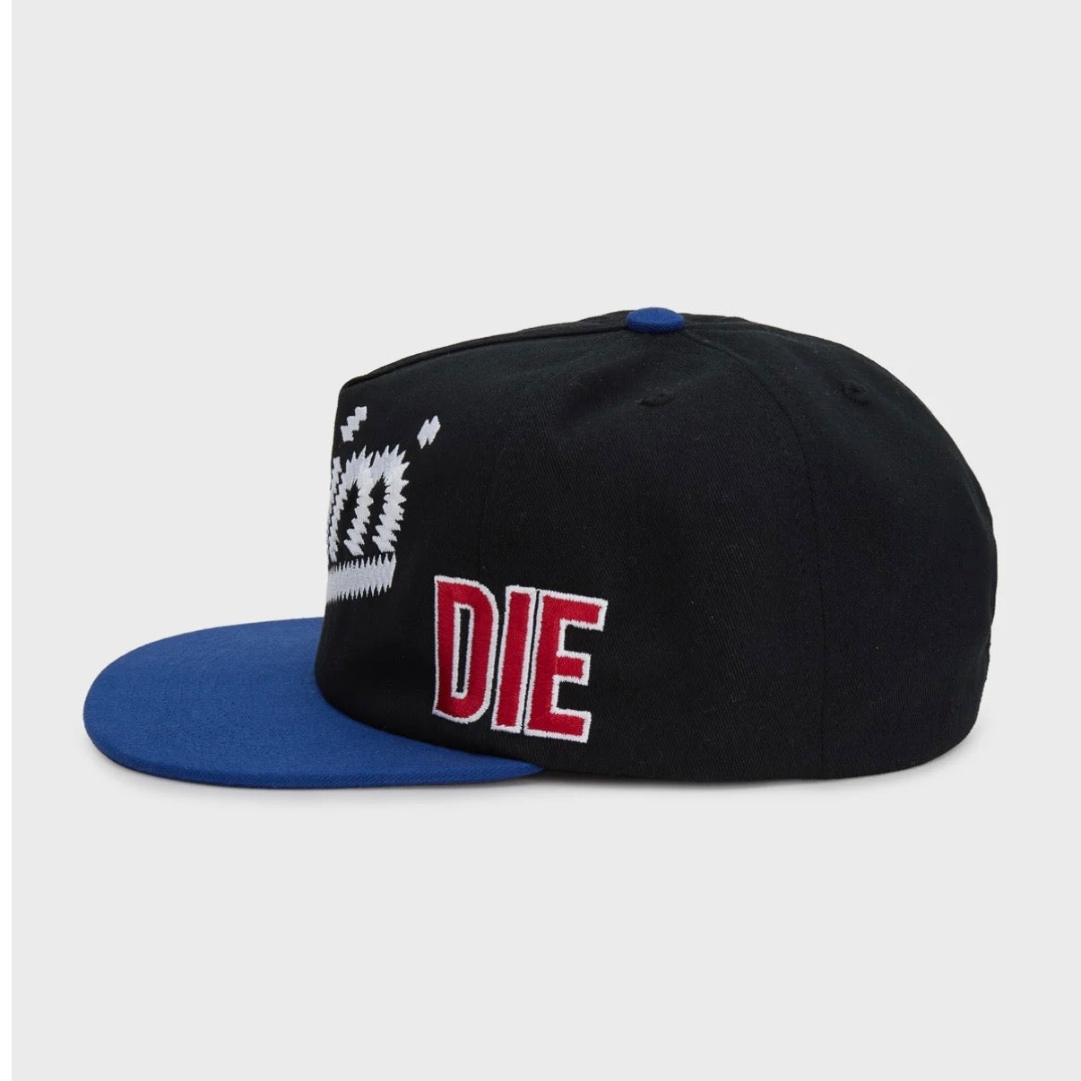 HMDD Chocolate City Hat, opposite side view with 'Chim' and red DIE lettering on black above the blue brim