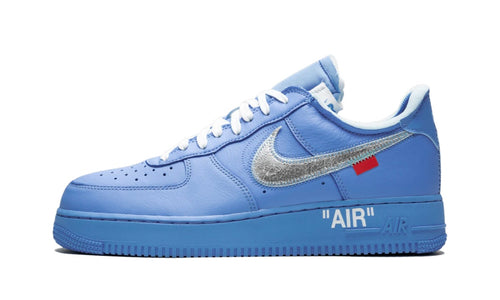 Nike Off-White Air Force 1 Low MCA University Blue, blue leather low-top with silver glitter swoosh and AIR text on the midsole