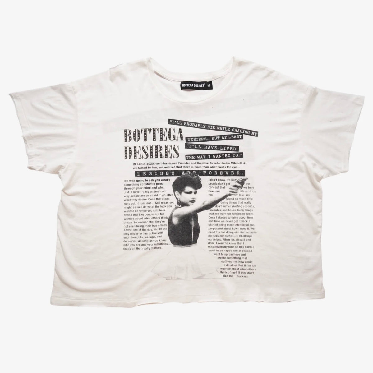Bottega Desires Interview tee in distressed off-white with a magazine interview style front print, BOTTEGA DESIRES headline and photo