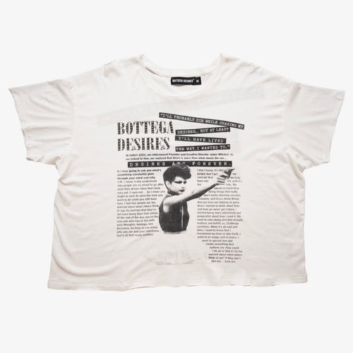 Bottega Desires Interview tee in distressed off-white with a magazine interview style front print, BOTTEGA DESIRES headline and photo