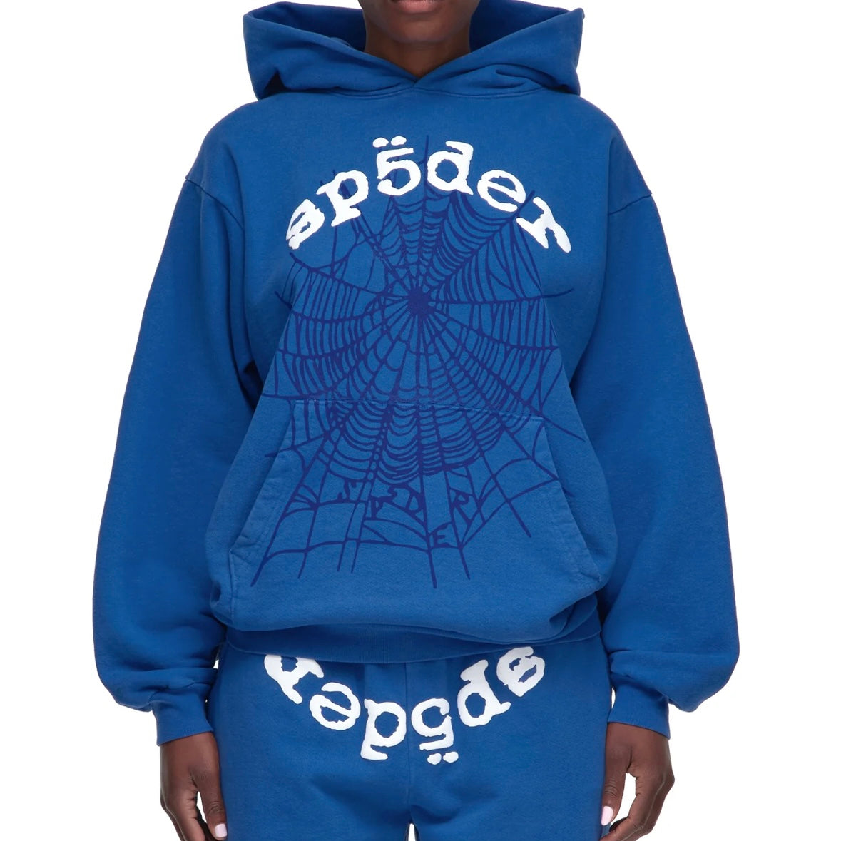 Sp5der Blue White Legacy Hoodie On Body Front Female