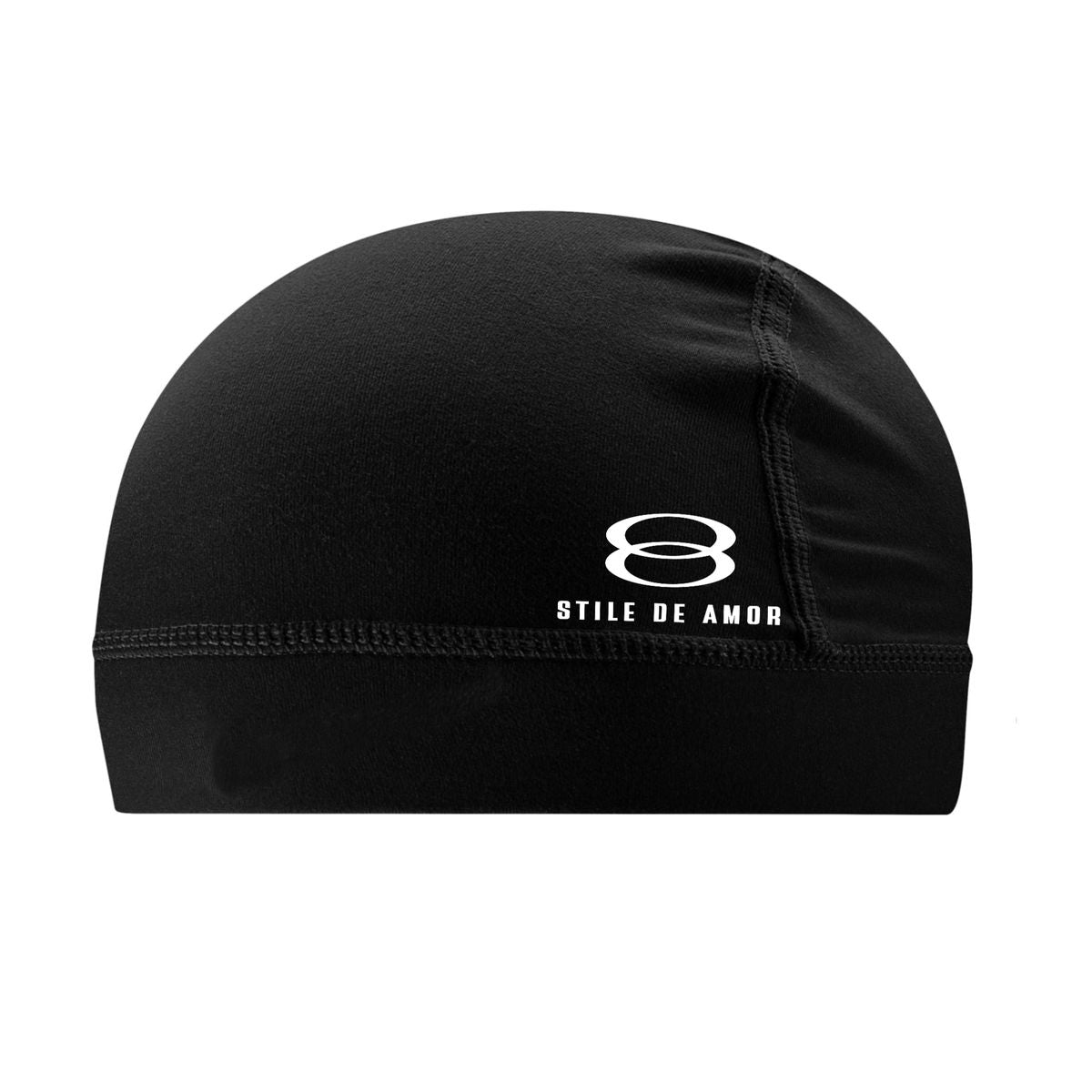 Stile De Amor black stretch skull cap with a white Stile Amor logo near the hem