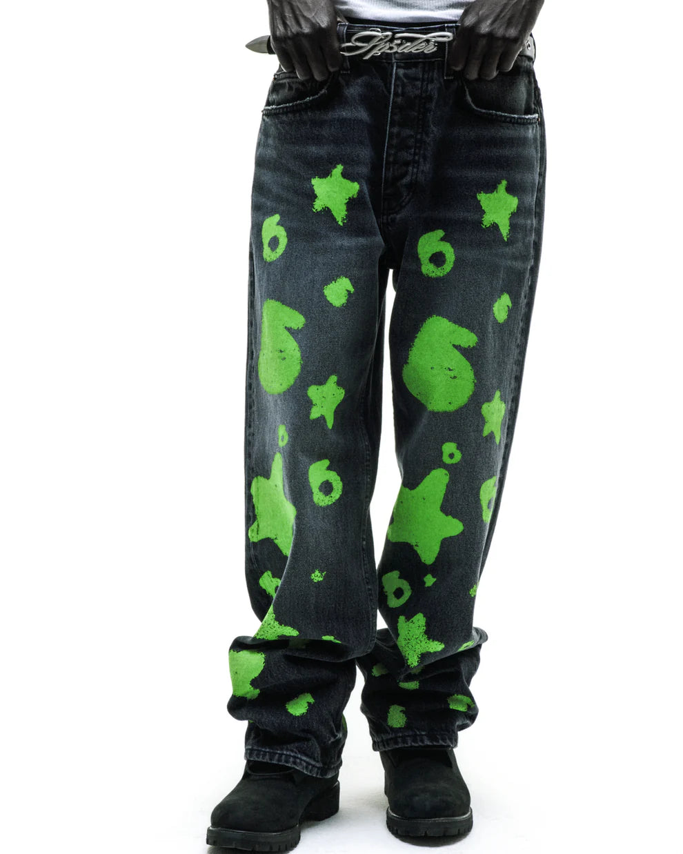 Sp5der Black Green Beluga Stamp Denim Pants