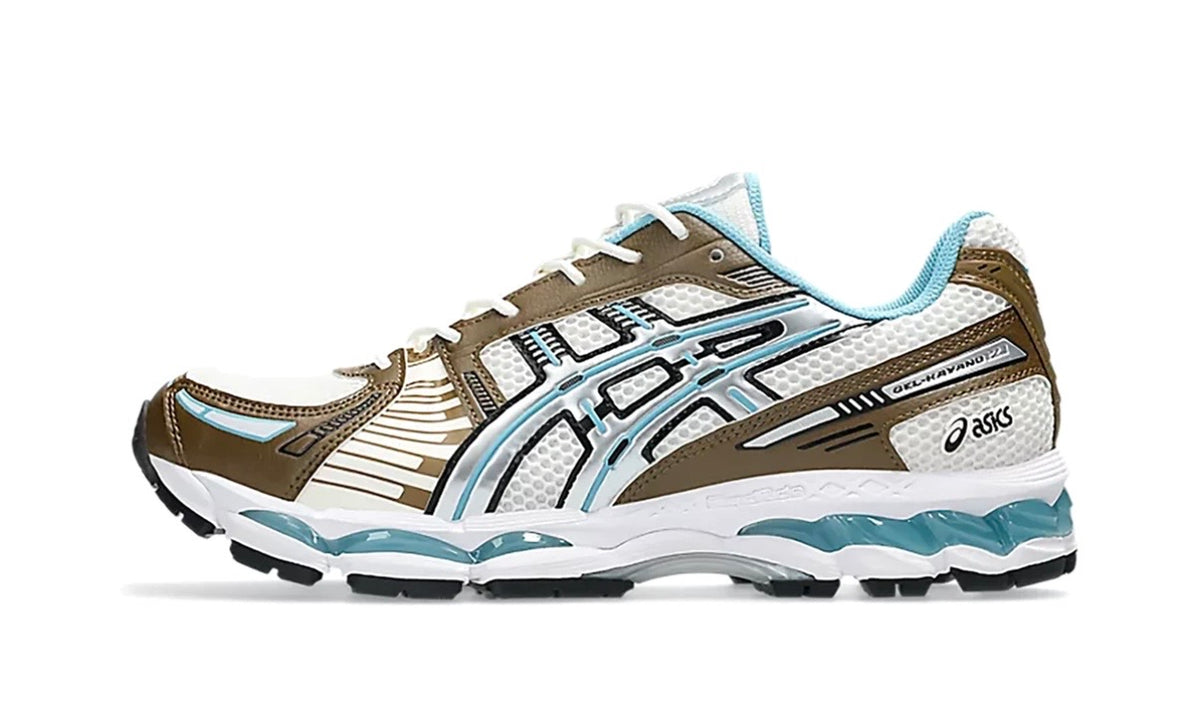 ASICS Gel-Kayano 12.1 Brown Blue Cream Stillwater lateral view with olive overlays and light blue gel heel