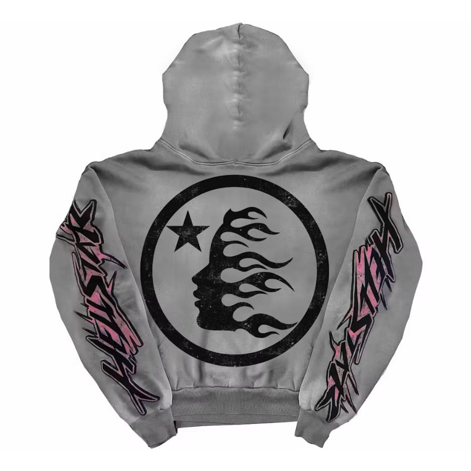 Hellstar Grey Future Flame Hoodie back with a large circular flame-face seal and sleeve lettering