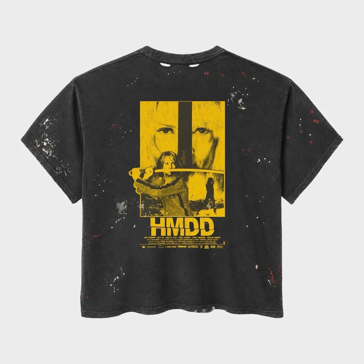 HMDD Black KB Vintage T-Shirt, back with a large yellow panel print and HMDD lettering
