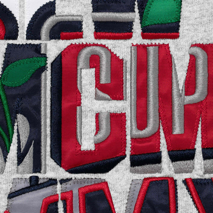 Close-up of the stitched applique letters and rose crest on the Heather Grey Blessed Applique Zip Hoodie