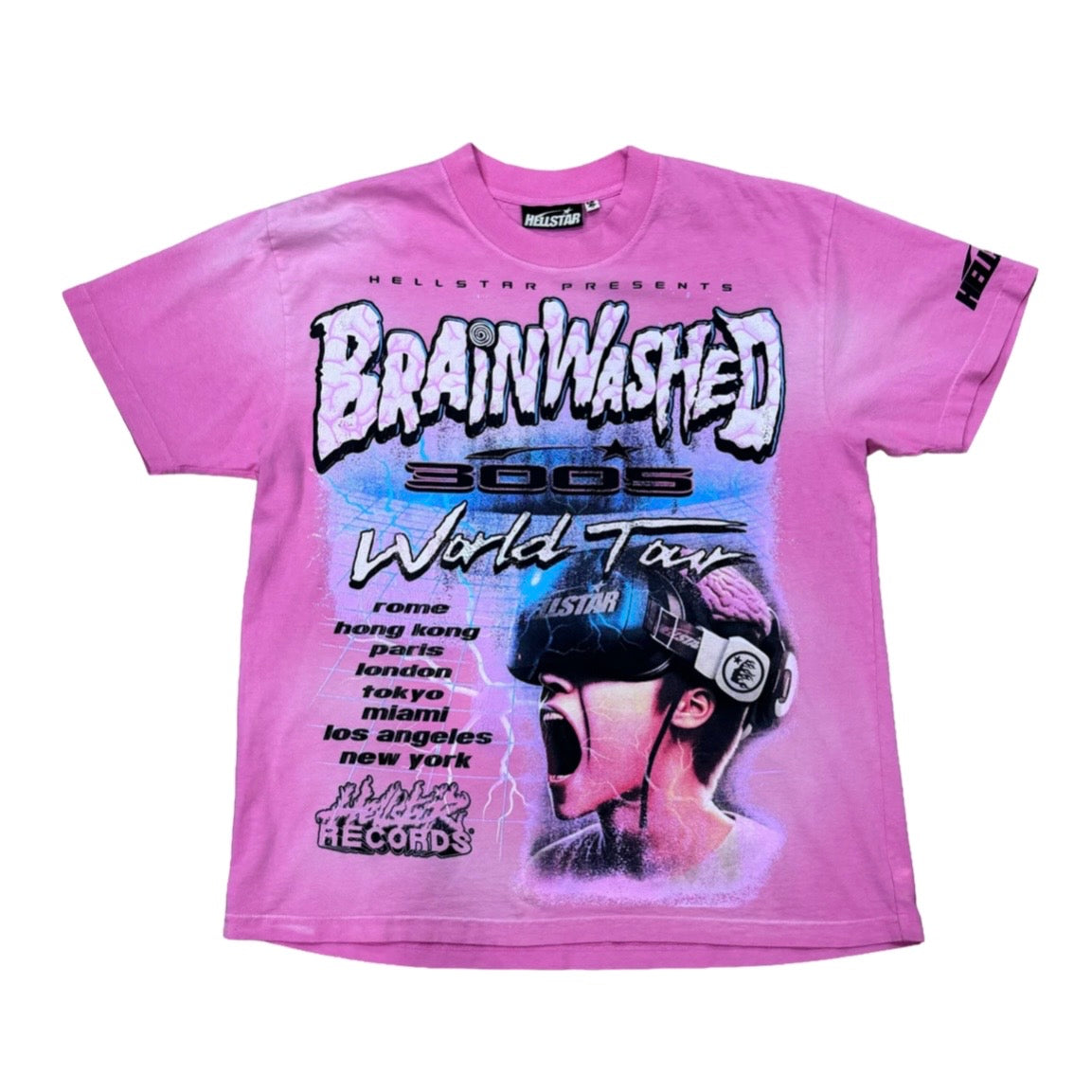 Hellstar Pink Brainwashed World Tour Tee front with brain-textured lettering and VR headset art