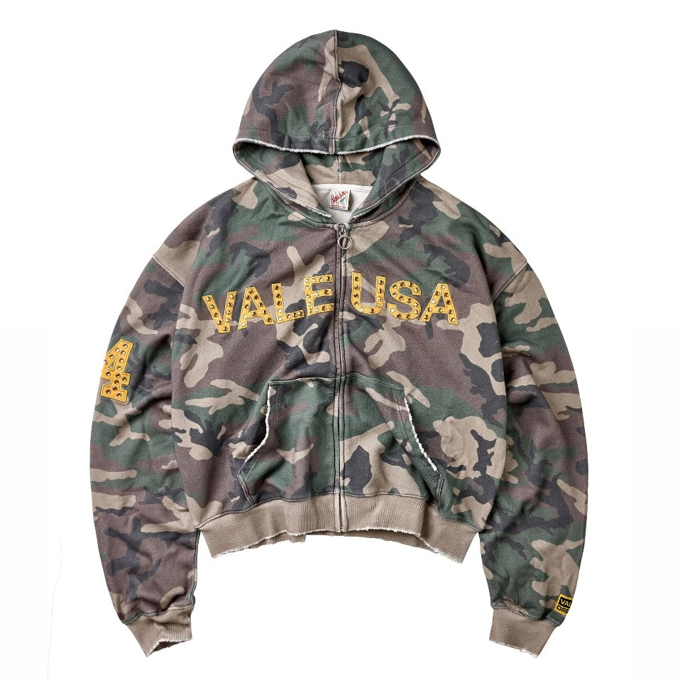 Vale Camo Zip Hoodie front view in woodland camo with the gold Vale USA chest applique