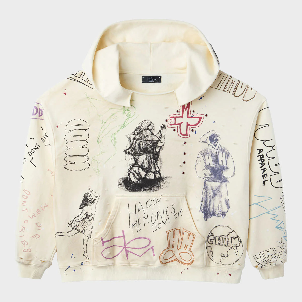 HMDD Sketch Hoodie, cream hoodie covered in hand-drawn sketches and figures with Happy Memories Dont Die inked over the pocket