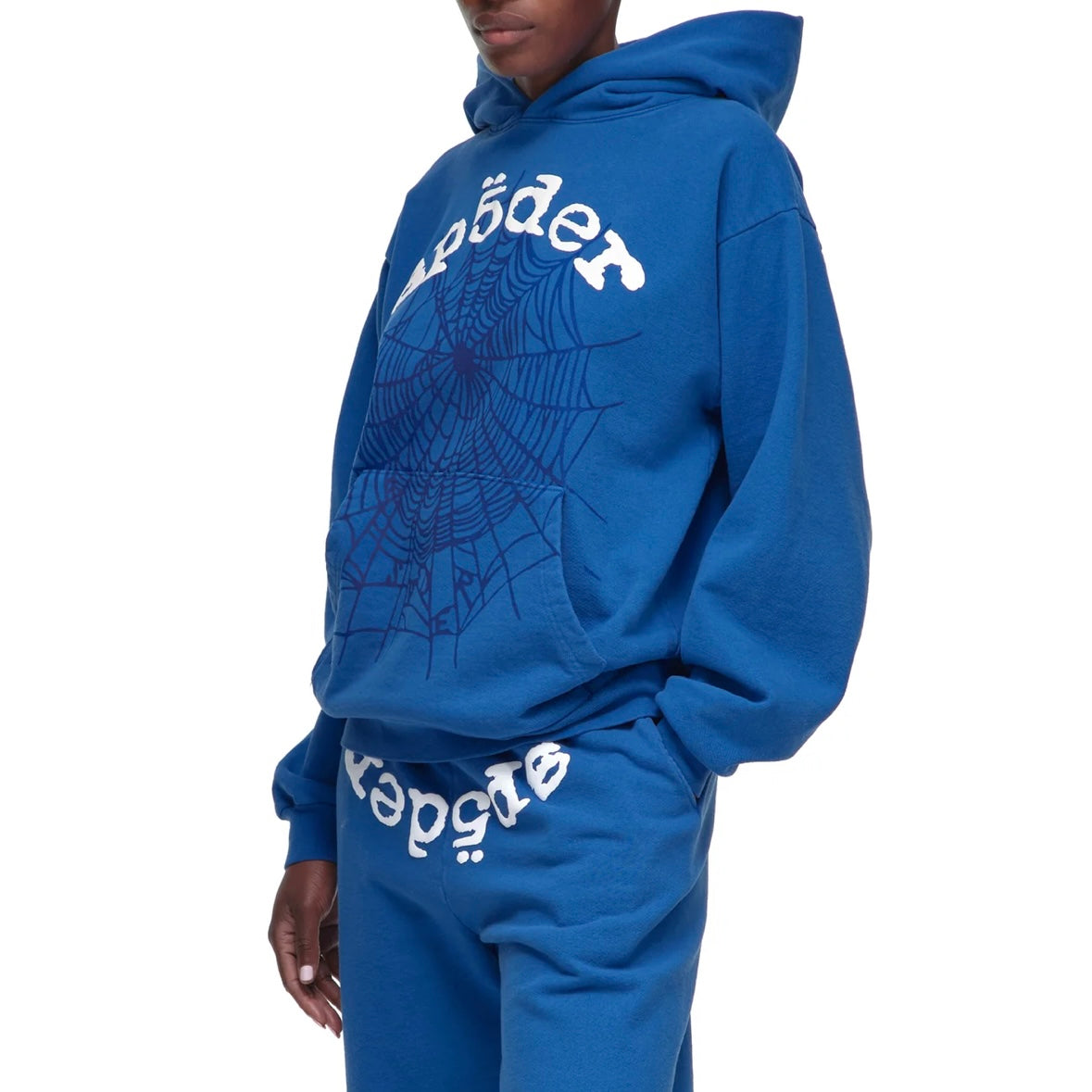 Sp5der Blue White Legacy Hoodie On Body Front Left Female