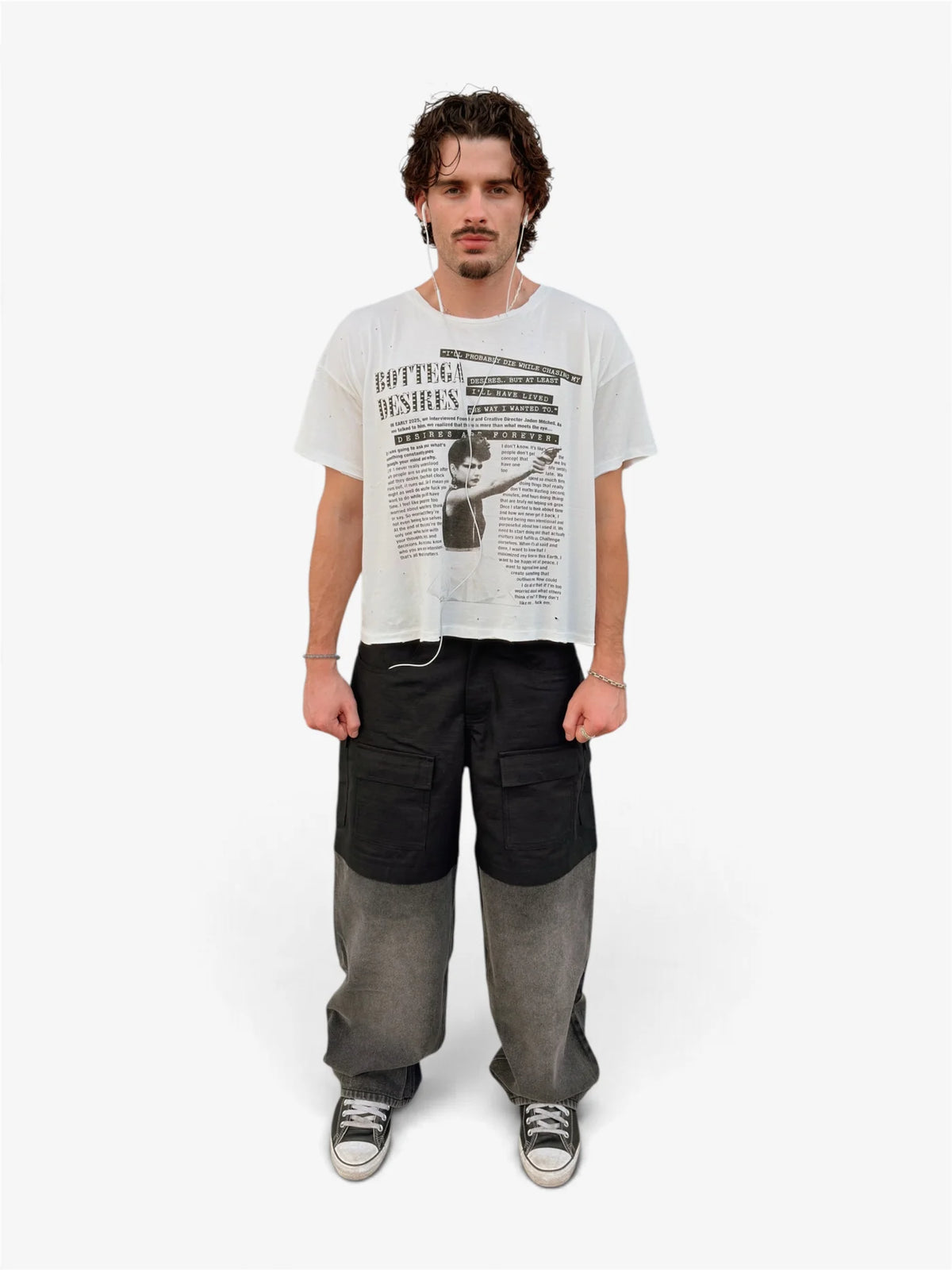 Model wearing the Interview tee with two-tone wide pants, front view