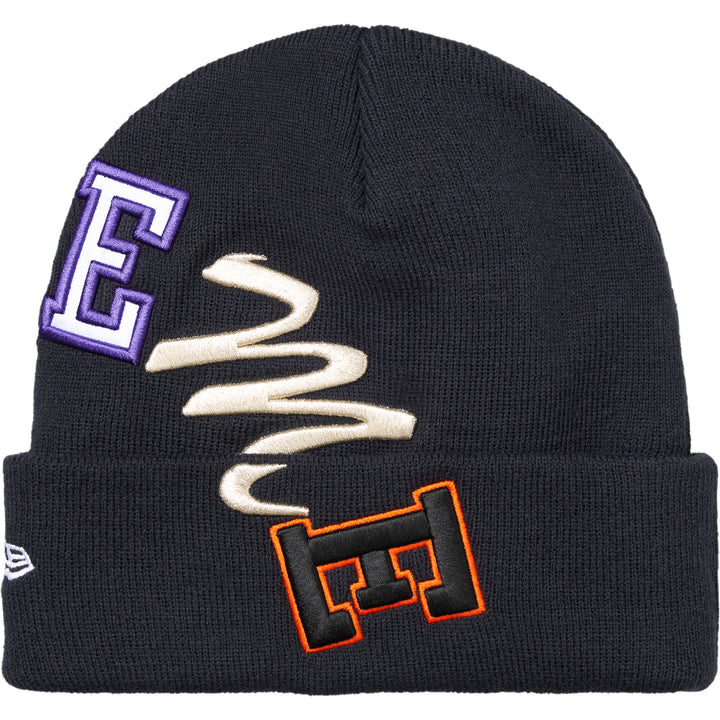 Supreme Navy New Era Arc Beanie angled view showing purple, cream and orange-outlined arc letters