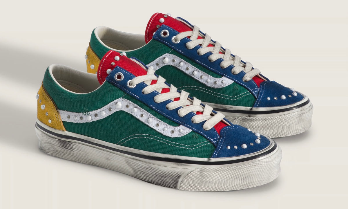 Vans LX Old Skool 36 Pearlized Yacht Club angled pair showing green, blue, red and gold suede panels