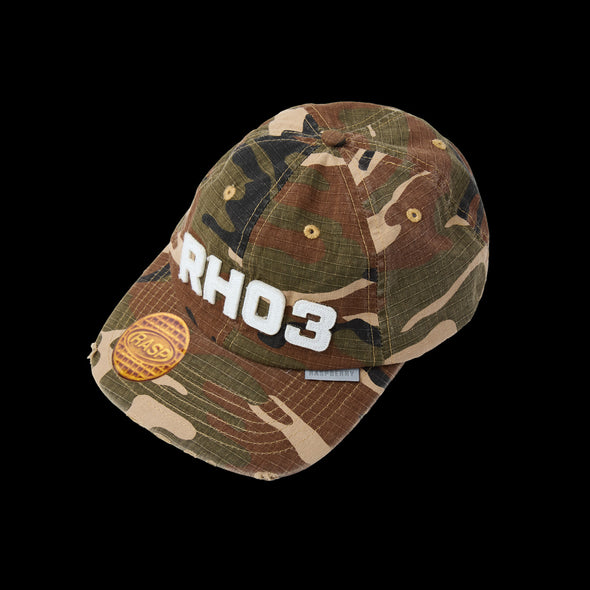 Distressed woodland camo dad hat with white RHO3 puff embroidery on the front