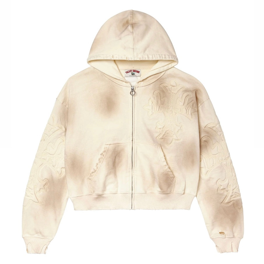 Vale Cream Carver Zip Hoodie, front of a cream sun-faded full-zip hoodie with tonal embossed relief graphics and hand pockets