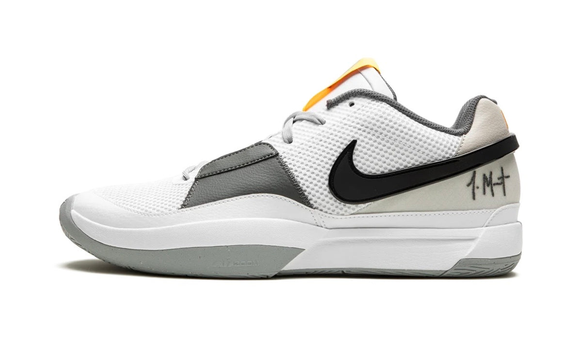Nike Ja 1 Light Smoke Grey, lateral side of the white mesh low-top with a black Swoosh and grey heel panel with Ja's signature