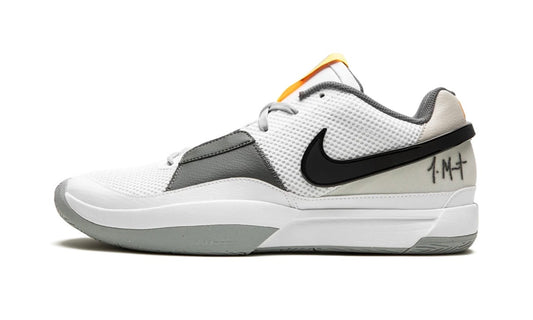 Nike Ja 1 Light Smoke Grey, lateral side of the white mesh low-top with a black Swoosh and grey heel panel with Ja's signature