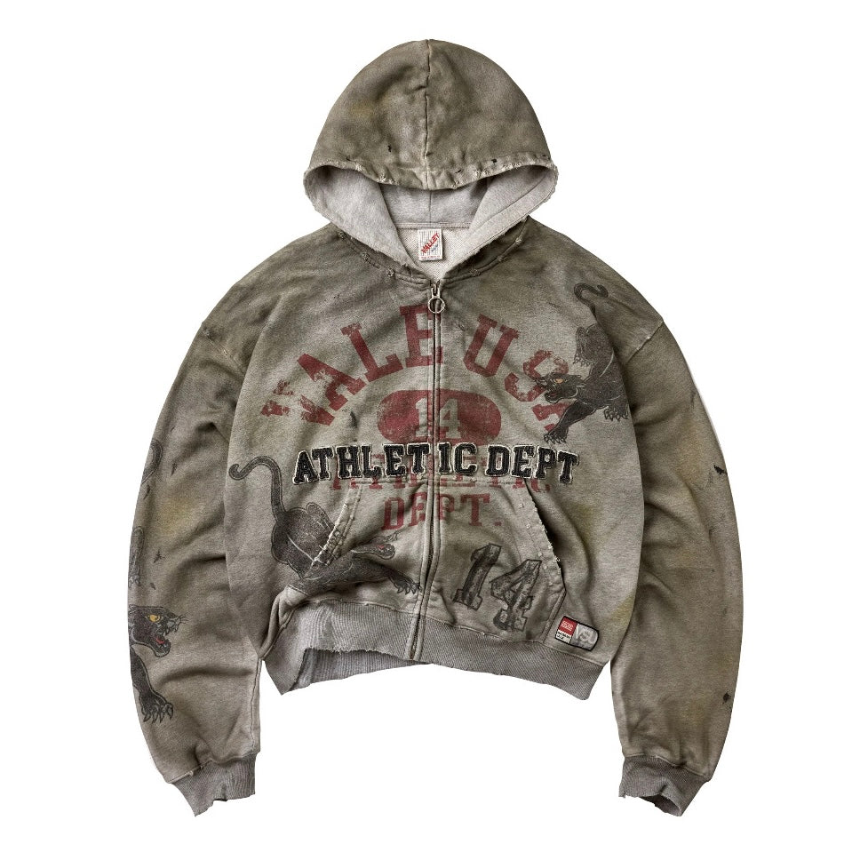 Vale Varsity Zip Hoodie front view in washed olive with the Athletic Dept applique and panther graphic