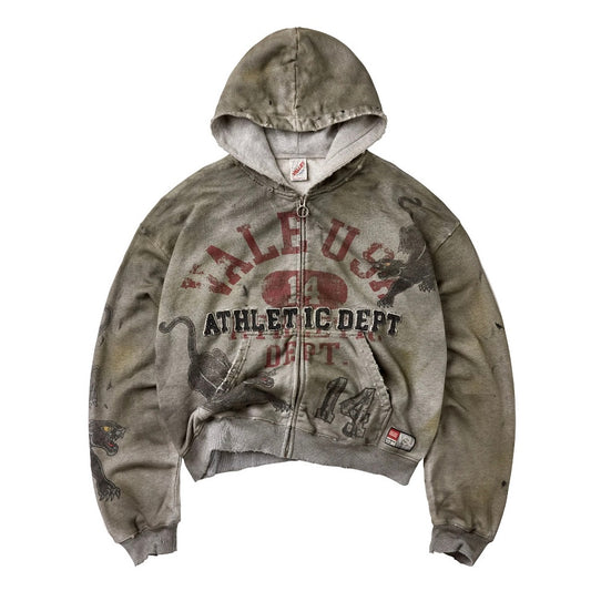 Vale Varsity Zip Hoodie front view in washed olive with the Athletic Dept applique and panther graphic