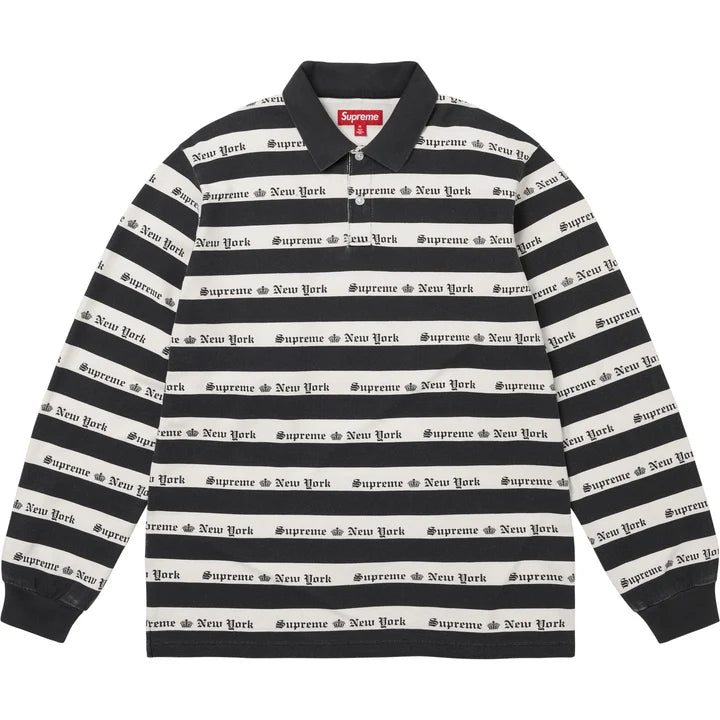 Black and white striped long sleeve knit polo with Supreme New York Old English text
