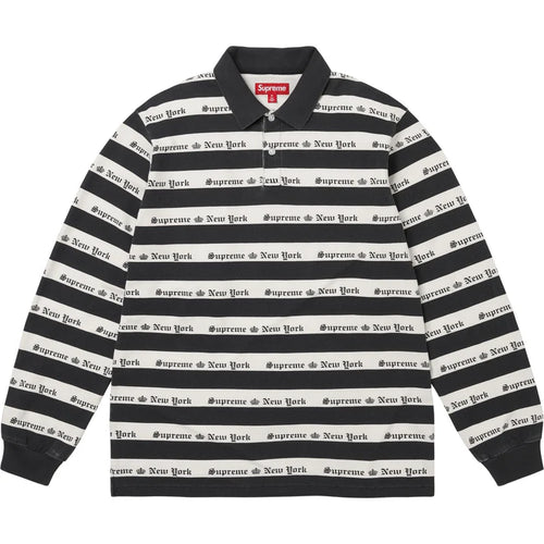 Black and white striped long sleeve knit polo with Supreme New York Old English text