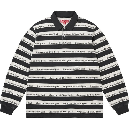 Black and white striped long sleeve knit polo with Supreme New York Old English text