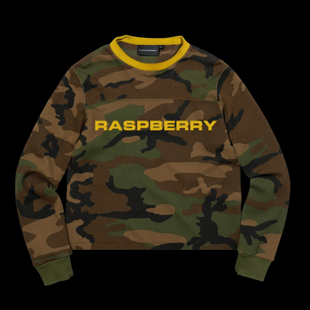 GV Gallery DC Thermal Long Sleeve, woodland camo long sleeve with a mustard collar, green cuffs and a mustard Raspberry chest print