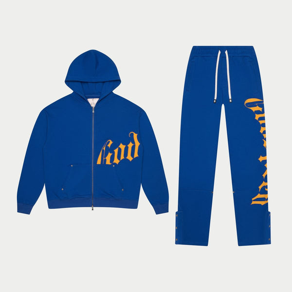 Godspeed Blue Yellow OG Logo Set, matching royal blue zip hoodie and sweatpants with orange gothic lettering