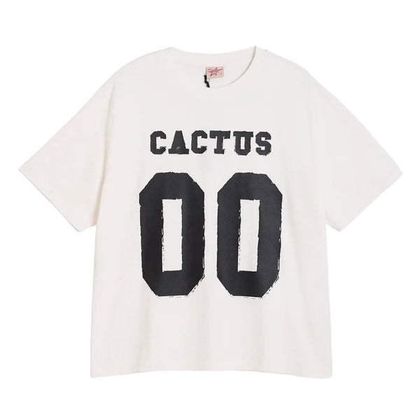 AZVA Bone 00 T-Shirt, boxy off-white tee laid flat with CACTUS above a large black 00 in cracked varsity print