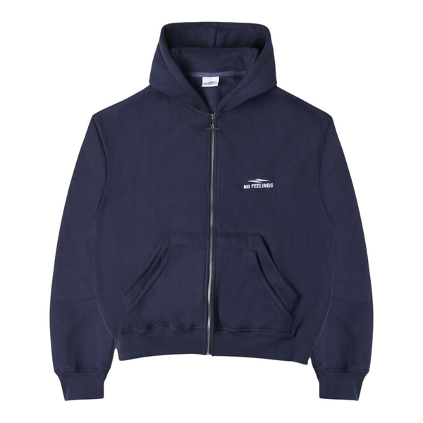 No Feelings Navy 4PF Zip Hoodie, navy full-zip hoodie with kangaroo pockets, ribbed cuffs and small white chest logo