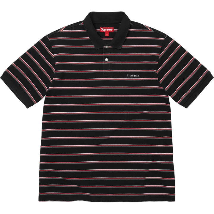 Supreme striped polo in black with red, white and grey stripes, black collar and small Supreme script on the chest