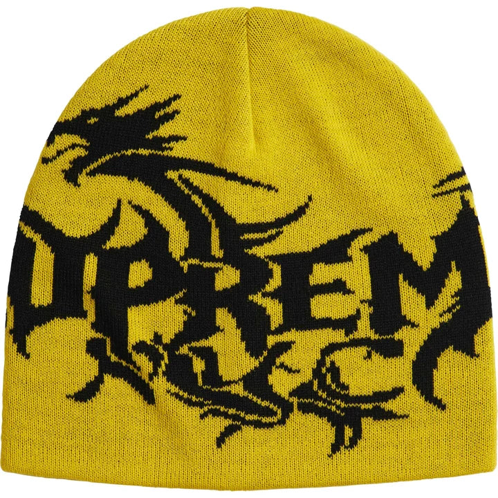 Supreme Dragon beanie in yellow with a black knit dragon wrapped around Supreme NYC lettering