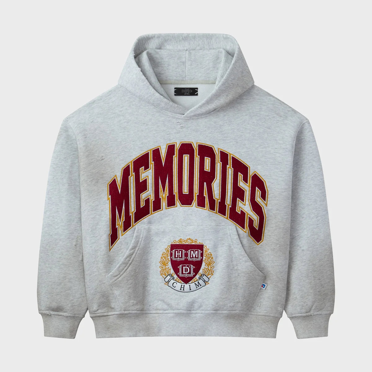 HMDD Griffin Hoodie front view in heather grey with the arched Memories chest graphic and crest