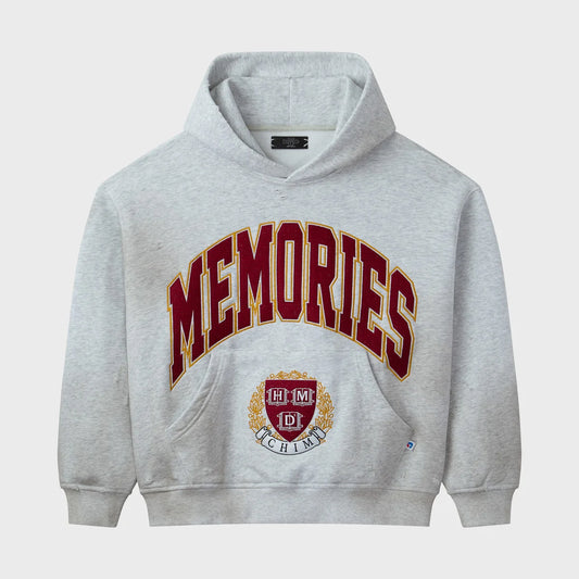 HMDD Griffin Hoodie front view in heather grey with the arched Memories chest graphic and crest