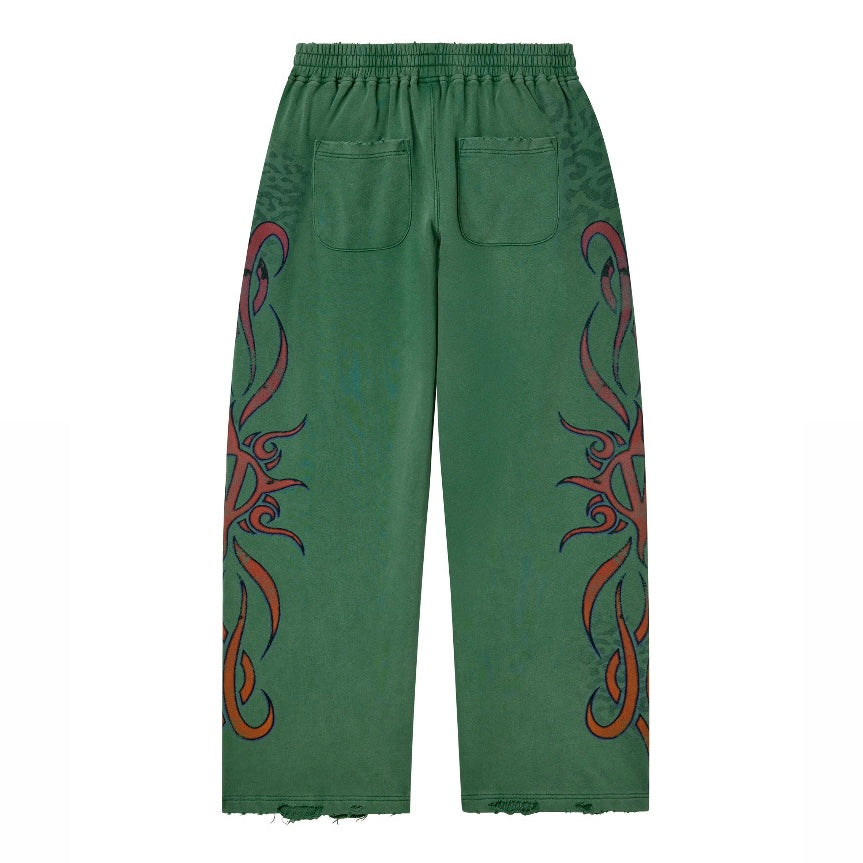 Vale Green Inferno Sweatpants back view with patch pockets and flame graphics on the legs