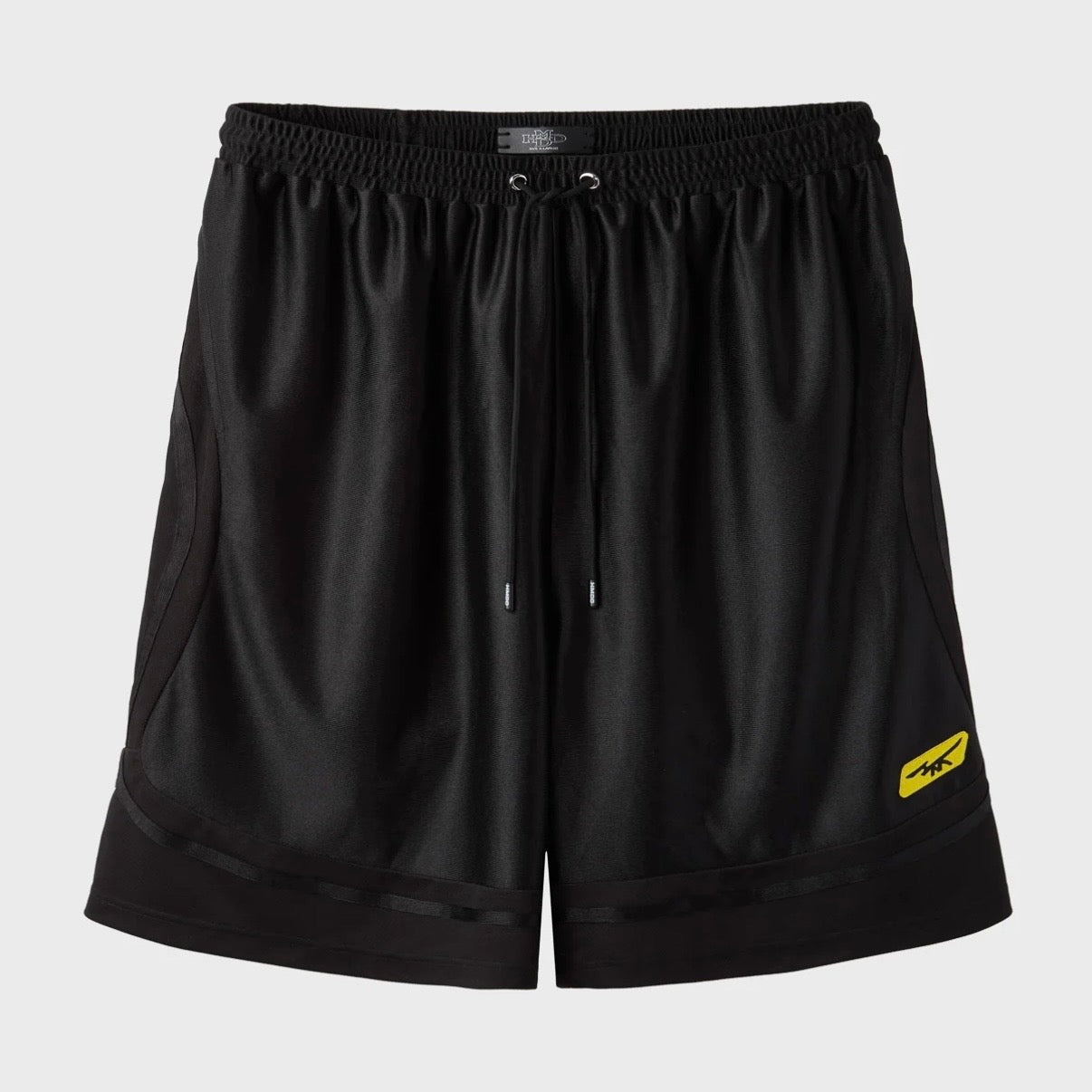 HMDD Black Mixtape Shorts, front of black mesh shorts with a drawcord waist and a small yellow winged logo at the hem