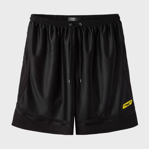 HMDD Black Mixtape Shorts, front of black mesh shorts with a drawcord waist and a small yellow winged logo at the hem