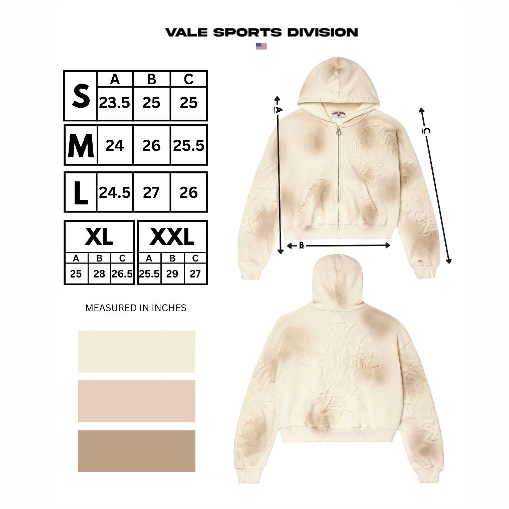 Vale Cream Carver Zip Hoodie size chart, S to XXL rows against A, B, C columns in inches, with front and back hoodie diagrams