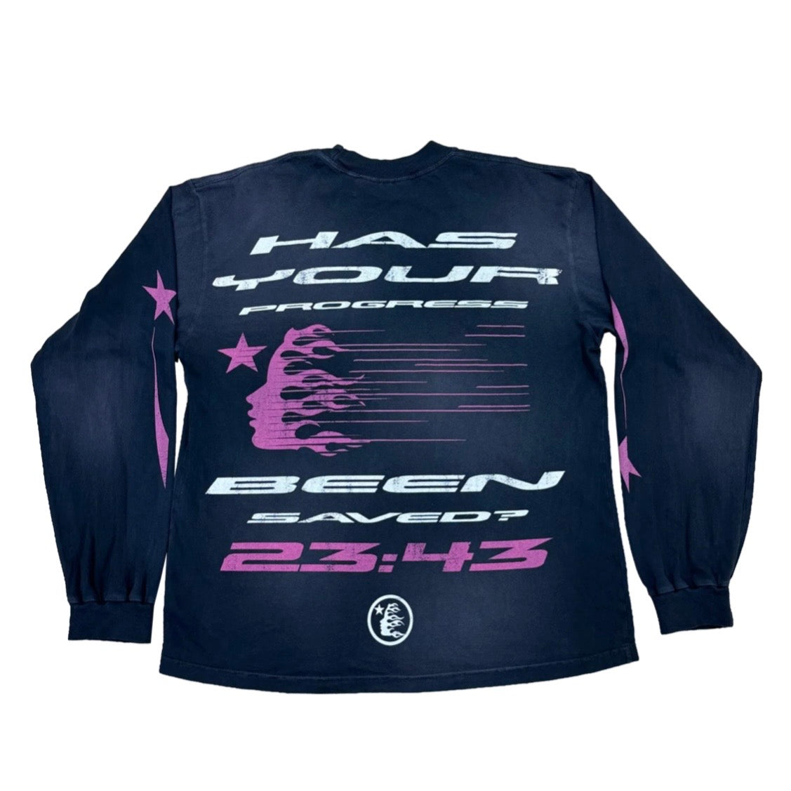 Hellstar Black QR Christ Long Sleeve back with Has Your Progress Been Saved chrome lettering