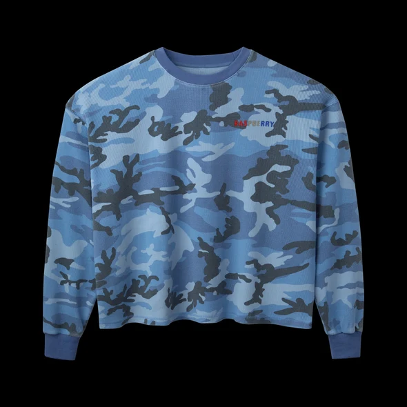 Blue camo waffle thermal long sleeve with small multicolour RASPBERRY chest logo
