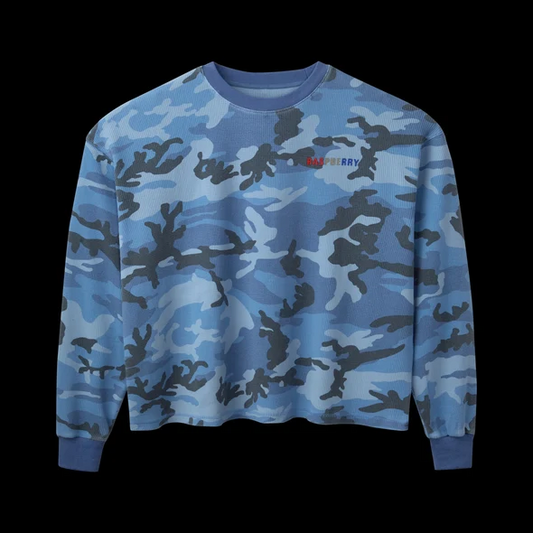 Blue camo waffle thermal long sleeve with small multicolour RASPBERRY chest logo